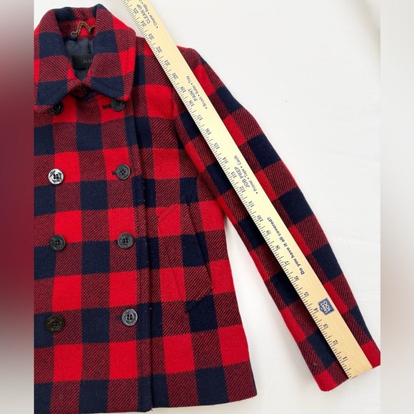 J. Crew Buffalo Plaid Wool Pea Coat Red & Navy Double Breasted Size 00P - Picture 4 of 12